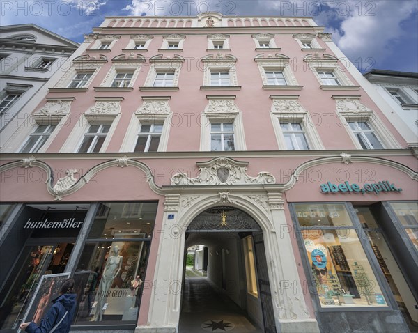 Late Baroque façade with Gothicised attic, around 1752, Theresienplatz 3, Straubing, Lower Bavaria,
