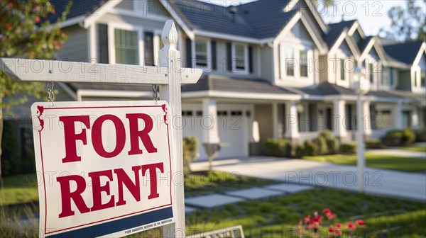 Home for rent real estate sign in front of house. generative AI, AI generated