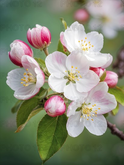 Blossoming apple blossoms in springtime, with soft pink and white petals contrasting against a