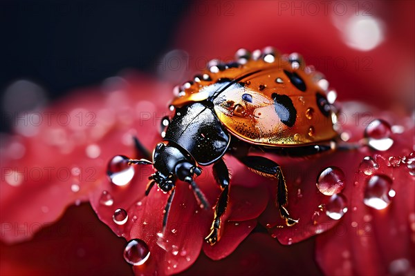 Ladybug crawling on a wet flower petal, with rain droplets, AI generated