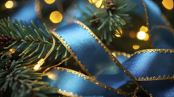 Christmas garland with gold and blue ribbons intertwined with pine needles and tiny twinkling