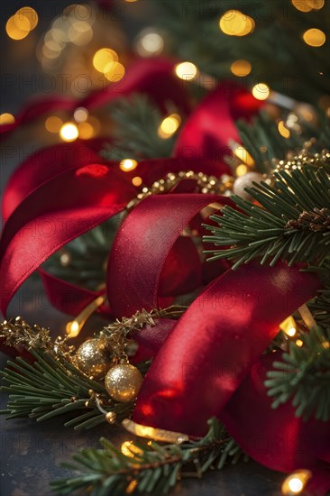 Christmas garland with gold and red ribbons intertwined with pine needles and tiny twinkling