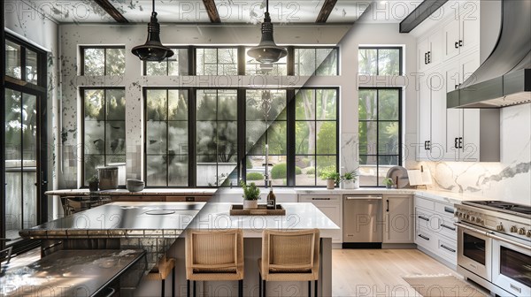Before and after of A run down old and dirty kitchen to a remodeled contemporary kitchen, AI