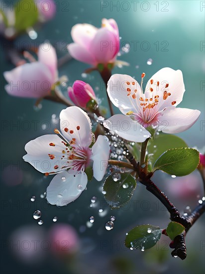 Blossoming apple blossoms in springtime, with soft pink and white petals contrasting against a