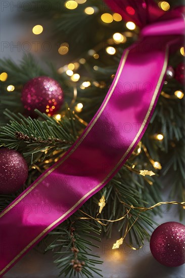 Christmas garland with gold and magenta ribbons intertwined with pine needles and tiny twinkling