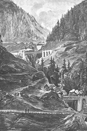 Gotthard railway, Meienreuss bridge near Wasen, Switzerland, Historical, digitally restored
