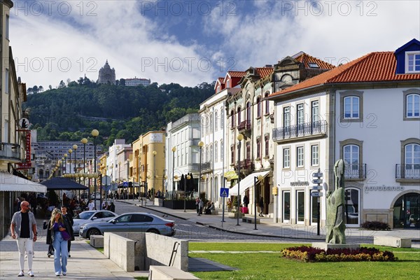 Main street and view to the Basilica Santa Lucia, Viana do Castelo, Minho, Portugal, Europe
