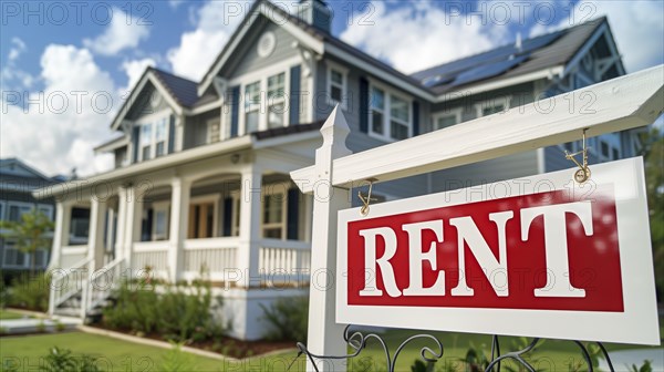 Home for rent real estate sign in front of house. generative AI, AI generated