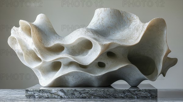 Abstract stone sculpture with flowing, organic shapes and a wavy design in beige tones, AI