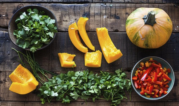 A top-down view of a wooden table with fresh cilantro, pumpkin wedges, garlic cloves AI generated