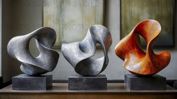 Trio of abstract metal sculptures with flowing, organic shapes in orange and gray hues, AI