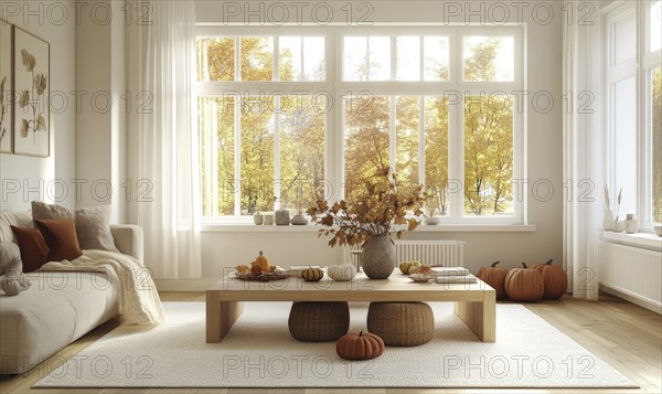 Scandinavian living room with a light wooden coffee table, white rug, autumn leaves centerpiece,