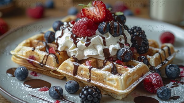 Waffles topped with whipped cream, strawberries, raspberries, blueberries, and chocolate drizzle,