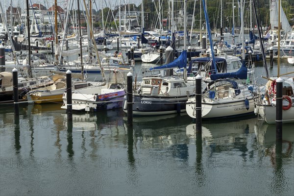 Sailing boats in the Rosenhof marina on the Priwall, seaside resort of Travemünde, Hanseatic city