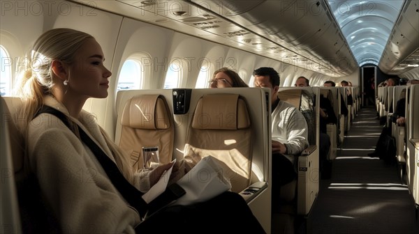 A young woman seated in an airplane cabin, surrounded by other passengers, bathed in natural