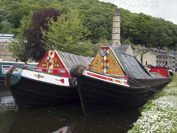 Hebden bridge, west yorkshire, england, 23 may 2019: old barges at the narrow boats club gathering