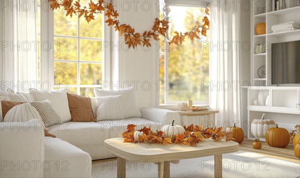 Scandinavian living room with a white sofa, light wooden coffee table, autumn leaves garland and