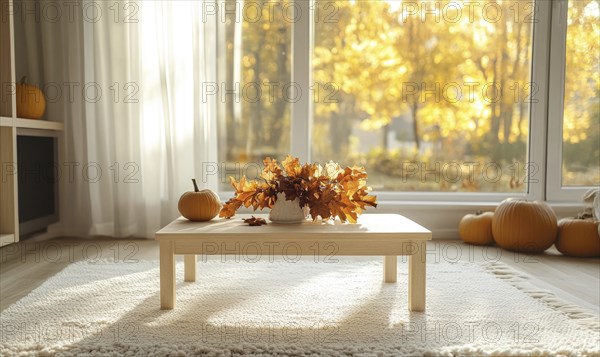 Scandinavian living room with a light wooden coffee table, white rug, autumn leaves centerpiece,