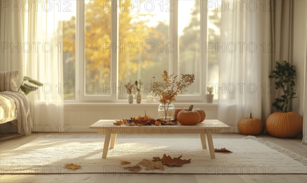 Scandinavian living room with a light wooden coffee table, white rug, autumn leaves centerpiece,