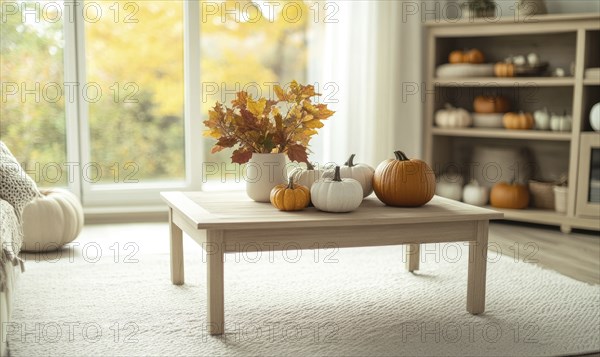 Scandinavian living room with a light wooden coffee table, white rug, autumn leaves centerpiece,