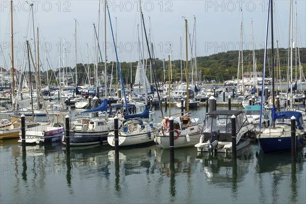 Sailing boats in the Rosenhof marina on the Priwall, seaside resort of Travemünde, Hanseatic city