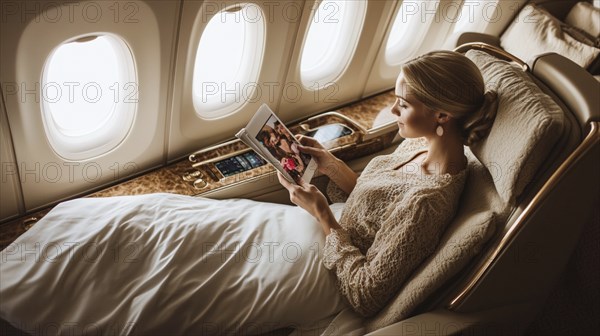 A woman in an elegant outfit reading a tablet in first class, showcasing a luxurious and