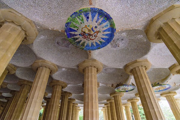 Hypostyle Room in Park Guell in Barcelona, Spain, Europe