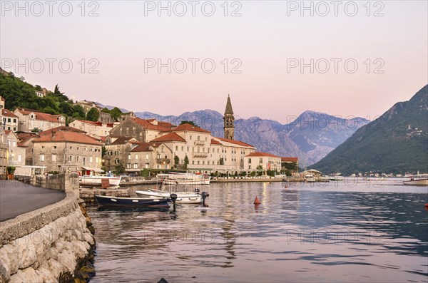 View of Old Town of Perast at summer sunset, Montenegro, Europe