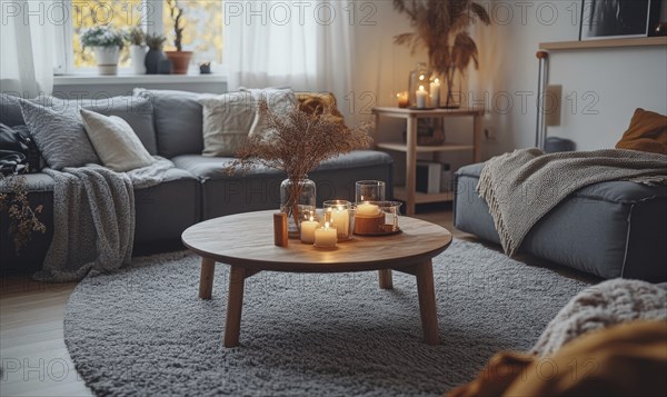 Scandinavian living room with a grey rug, wooden coffee table, autumn-colored cushions, and candles