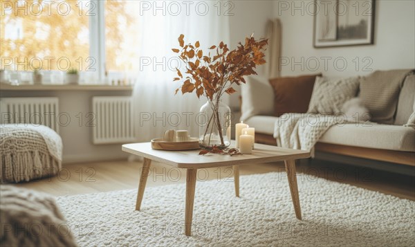 Scandinavian living room with a white rug, wooden furniture, autumn leaves in a vase and candles on