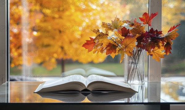 Minimalist table with a couple of books and a vase filled with vibrant autumn leaves AI generated