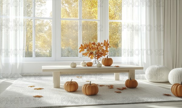 Scandinavian living room with a light wooden coffee table, white rug, autumn leaves centerpiece,