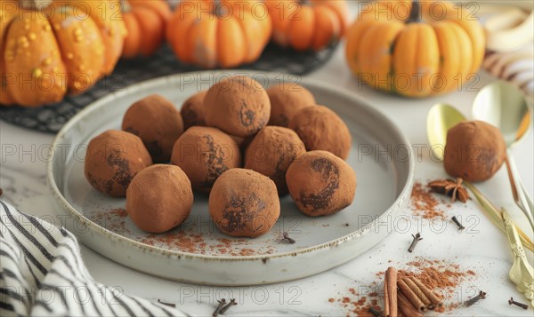 Pumpkin spice truffles arranged on a plate with small pumpkins AI generated
