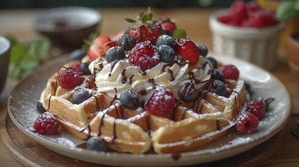 Waffles with whipped cream, an assortment of berries, and chocolate drizzle, AI Generated, AI