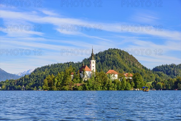 Bled Island on Lake Bled, a popular tourist destination in Slovenia