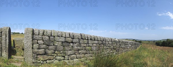A long perspective view of a stone wall with gate between grass covered summer fields with blue sky