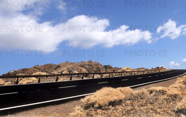 Empty two lane black road stretching to the horizon in desert scrub with blue sky and white lane