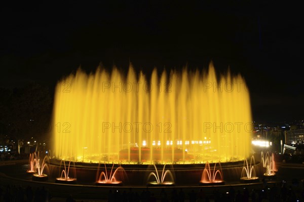 The colorful water show of Magic Fountain of Montjuic with light and music in Barcelona, Spain,