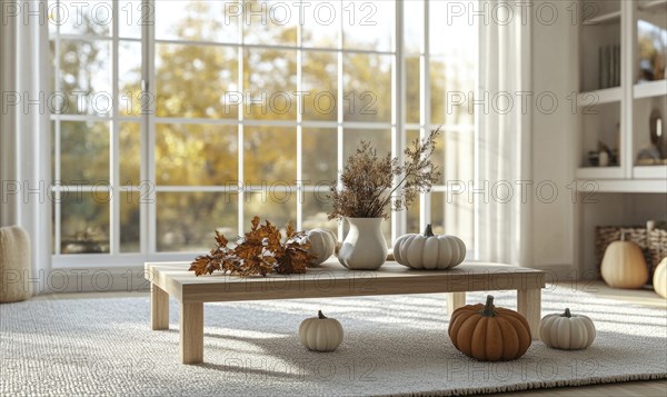 Scandinavian living room with a light wooden coffee table, white rug, autumn leaves centerpiece,