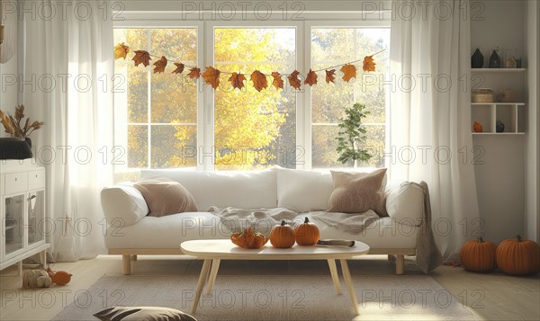 Scandinavian living room with a white sofa, light wooden coffee table, autumn leaves garland and