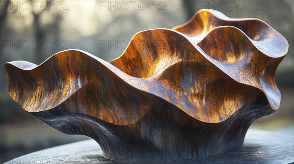 Brass sculpture with smooth, wavy design, bathed in natural light creating reflections, placed