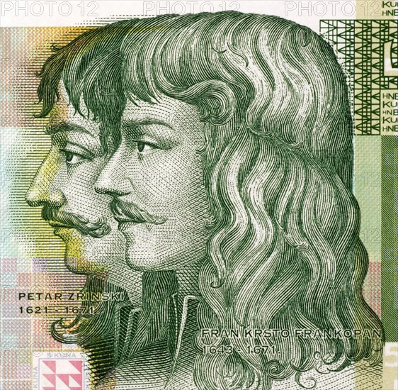 Petar Zrinski (1621-1671) and Fran Krsto Frankopan (1643-1771) on 5 Kuna 2001 Banknote from Croatia