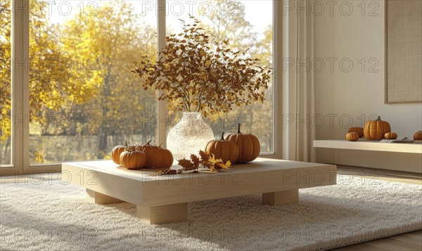 Scandinavian living room with a light wooden coffee table, white rug, autumn leaves centerpiece,