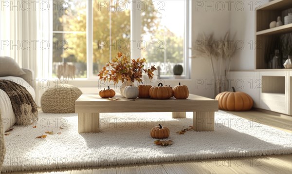 Scandinavian living room with a light wooden coffee table, white rug, autumn leaves centerpiece,