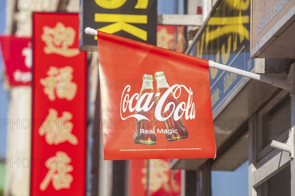Coca Cola flag in front of a Chinese restaurant, Hamburg, Germany, Europe