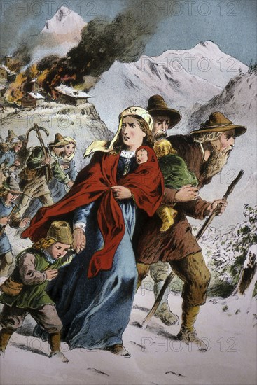 Christians known as the Waldenses flee Papal persecution in the Piedmont Mountains of Italy circa