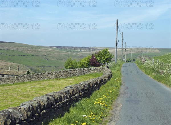 A narrow country lane surrounded by dy stone walls in a sunlit rural hilly landscape on the old
