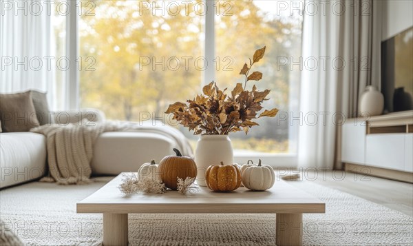 Scandinavian living room with a light wooden coffee table, white rug, autumn leaves centerpiece,