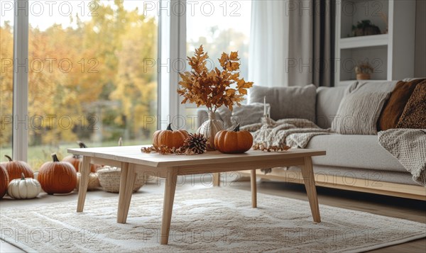 Scandinavian living room with a light wooden coffee table, white rug, autumn leaves centerpiece,