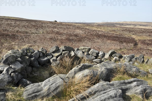 Exposed stones at the top of a cairn known as the millers grave on midgley moor in calderdale west